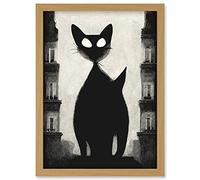 Giant Black Cat Le Chat Noir City Monochrome Illustration Artwork Framed Wall Art Print A4 Artery8 Light Oak One Size