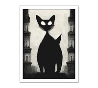 Doppelganger33 LTD Giant Black Cat Le Chat Noir City Monochrome Illustration Artwork Framed Wall Art Print 18X24 Inch