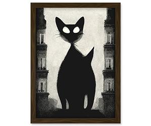 Doppelganger33 LTD Giant Black Cat Le Chat Noir City Monochrome Illustration Artwork Framed Wall Art Print A4