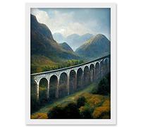 Glenfinnan Viaduct Scotland Train Journey Artwork Framed Wall Art Print A4 Artery8 White One Size