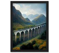 Glenfinnan Viaduct Scotland Train Journey Artwork Framed Wall Art Print A4 Artery8 Black One Size