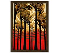 Doppelganger33 LTD Gold Forest Trees At Sunset Modern Painting Artwork Framed Wall Art Print A4