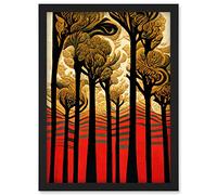 Doppelganger33 LTD Gold Forest Trees At Sunset Modern Painting Artwork Framed Wall Art Print A4