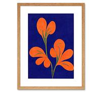Doppelganger33 LTD Henri Matisse Inspired Bright Abstract Orange Flower Blooms On Royal Blue Artwork Framed Wall Art Print 9X7 Inch