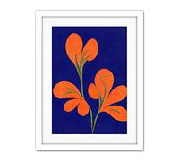 Doppelganger33 LTD Henri Matisse Inspired Bright Abstract Orange Flower Blooms On Royal Blue Artwork Framed Wall Art Print 18X24 Inch