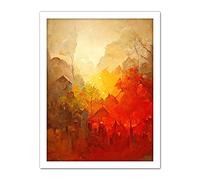 Doppelganger33 LTD Hidden Village Autumn Forest Warm Glow Watercolour Artwork Framed Wall Art Print 18X24 Inch