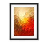 Doppelganger33 LTD Hidden Village Autumn Forest Warm Glow Watercolour Artwork Framed Wall Art Print 18X24 Inch