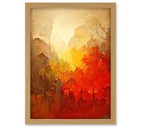 Doppelganger33 LTD Hidden Village Autumn Forest Warm Glow Watercolour Artwork Framed Wall Art Print A4
