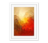 Doppelganger33 LTD Hidden Village Autumn Forest Warm Glow Watercolour Artwork Framed Wall Art Print 18X24 Inch