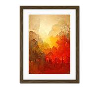 Doppelganger33 LTD Hidden Village Autumn Forest Warm Glow Watercolour Artwork Framed Wall Art Print 18X24 Inch