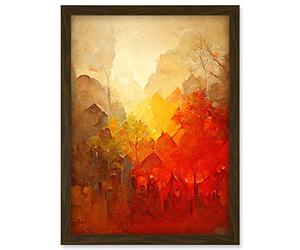 Doppelganger33 LTD Hidden Village Autumn Forest Warm Glow Watercolour Artwork Framed Wall Art Print A4