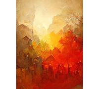 Doppelganger33 LTD Hidden Village Autumn Forest Warm Glow Watercolour Large Wall Art Poster Print Thick Paper 18X24 Inch