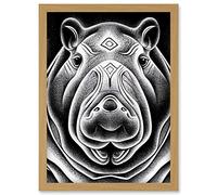 Doppelganger33 LTD Hippo Face Symmetric Illustration In Black And White Tribal Style Artwork Framed Wall Art Print A4