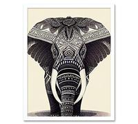 Doppelganger33 LTD Illustration Of Elephant With Tribal Patterns Black And White Art Print Framed Poster Wall Decor 12x16 inch