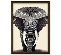 Doppelganger33 LTD Illustration Of Elephant With Tribal Patterns Black And White Artwork Framed A3 Wall Art Print