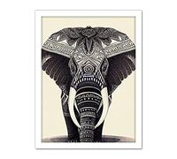 Doppelganger33 LTD Illustration Of Elephant With Tribal Patterns Black And White Artwork Framed Wall Art Print 18X24 Inch