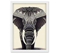 Doppelganger33 LTD Illustration Of Elephant With Tribal Patterns Black And White Artwork Framed Wall Art Print A4