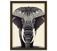 Doppelganger33 LTD Illustration Of Elephant With Tribal Patterns Black And White Artwork Framed Wall Art Print A4