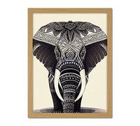 Doppelganger33 LTD Illustration Of Elephant With Tribal Patterns Black And White Artwork Framed Wall Art Print 18X24 Inch