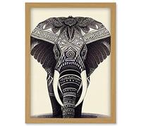 Doppelganger33 LTD Illustration Of Elephant With Tribal Patterns Black And White Artwork Framed Wall Art Print A4