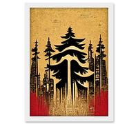 Doppelganger33 LTD Japanese Woodblock Pine Trees Red Black Vintage Artwork Framed A3 Wall Art Print