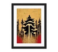 Doppelganger33 LTD Japanese Woodblock Pine Trees Red Black Vintage Artwork Framed Wall Art Print 18X24 Inch