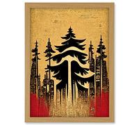 Doppelganger33 LTD Japanese Woodblock Pine Trees Red Black Vintage Artwork Framed Wall Art Print A4