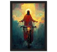 Doppelganger33 LTD Jesus Christ On A Bike With A Bright Cloud Cross Artwork Framed Wall Art Print A4