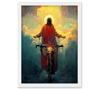 Doppelganger33 LTD Jesus Christ On A Bike With A Bright Cloud Cross Artwork Framed Wall Art Print A4