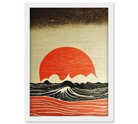 Doppelganger33 LTD Kanagawa Waves At Sunset Linocut Modern Artwork Framed Wall Art Print A4