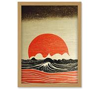 Doppelganger33 LTD Kanagawa Waves At Sunset Linocut Modern Artwork Framed Wall Art Print A4