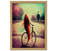 Doppelganger33 LTD Koi Fish With Bicycle Surrealism Purple Teal Park Dream Artwork Framed A3 Wall Art Print