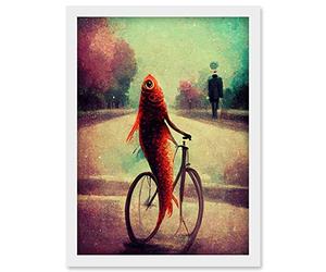 Doppelganger33 LTD Koi Fish With Bicycle Surrealism Purple Teal Park Dream Artwork Framed Wall Art Print A4