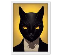 Doppelganger33 LTD Le Chat Noir Black Cat Tuxedo Yellow Portrait Artwork Framed Wall Art Print A4