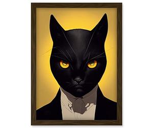 Doppelganger33 LTD Le Chat Noir Black Cat Tuxedo Yellow Portrait Artwork Framed Wall Art Print A4