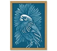 Doppelganger33 LTD Linocut Bird Geometric Illustration On Aegean Blue Paper Artwork Framed Wall Art Print A4