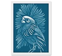 Doppelganger33 LTD Linocut Bird Geometric Illustration On Aegean Blue Paper Artwork Framed Wall Art Print A4