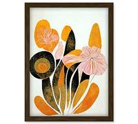 Doppelganger33 LTD Linocut Boho Flowers In Autumn Pastel Brown Orange Modern Abstract Artwork Framed Wall Art Print A4