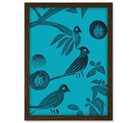 Doppelganger33 LTD Linocut Vintage Blue Birds Jungle Pattern Illustration Teal Artwork Framed A3 Wall Art Print