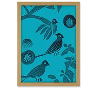 Doppelganger33 LTD Linocut Vintage Blue Birds Jungle Pattern Illustration Teal Artwork Framed A3 Wall Art Print