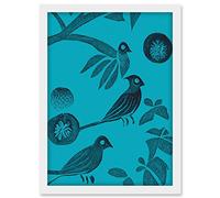 Doppelganger33 LTD Linocut Vintage Blue Birds Jungle Pattern Illustration Teal Artwork Framed A3 Wall Art Print