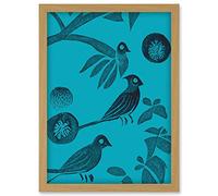 Doppelganger33 LTD Linocut Vintage Blue Birds Jungle Pattern Illustration Teal Artwork Framed Wall Art Print A4