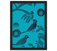 Doppelganger33 LTD Linocut Vintage Blue Birds Jungle Pattern Illustration Teal Artwork Framed Wall Art Print A4