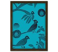 Doppelganger33 LTD Linocut Vintage Blue Birds Jungle Pattern Illustration Teal Artwork Framed Wall Art Print A4