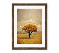 Doppelganger33 LTD Lone Tree Autumn Landscape Gold Yellow Mustard Artwork Framed Wall Art Print 18X24 Inch