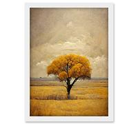 Doppelganger33 LTD Lone Tree Autumn Landscape Gold Yellow Mustard Artwork Framed Wall Art Print A4