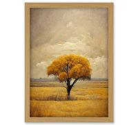 Doppelganger33 LTD Lone Tree Autumn Landscape Gold Yellow Mustard Artwork Framed Wall Art Print A4