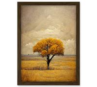 Doppelganger33 LTD Lone Tree Autumn Landscape Gold Yellow Mustard Artwork Framed Wall Art Print A4