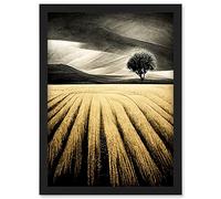 Doppelganger33 LTD Lone Tree In Field Of Golden Wheat Landscape Modern Painting Artwork Framed Wall Art Print A4