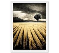 Doppelganger33 LTD Lone Tree In Field Of Golden Wheat Landscape Modern Painting Artwork Framed Wall Art Print A4